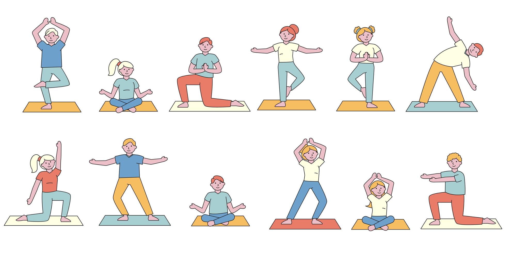 conjunto de diseño plano de estudiantes de clase de yoga vector