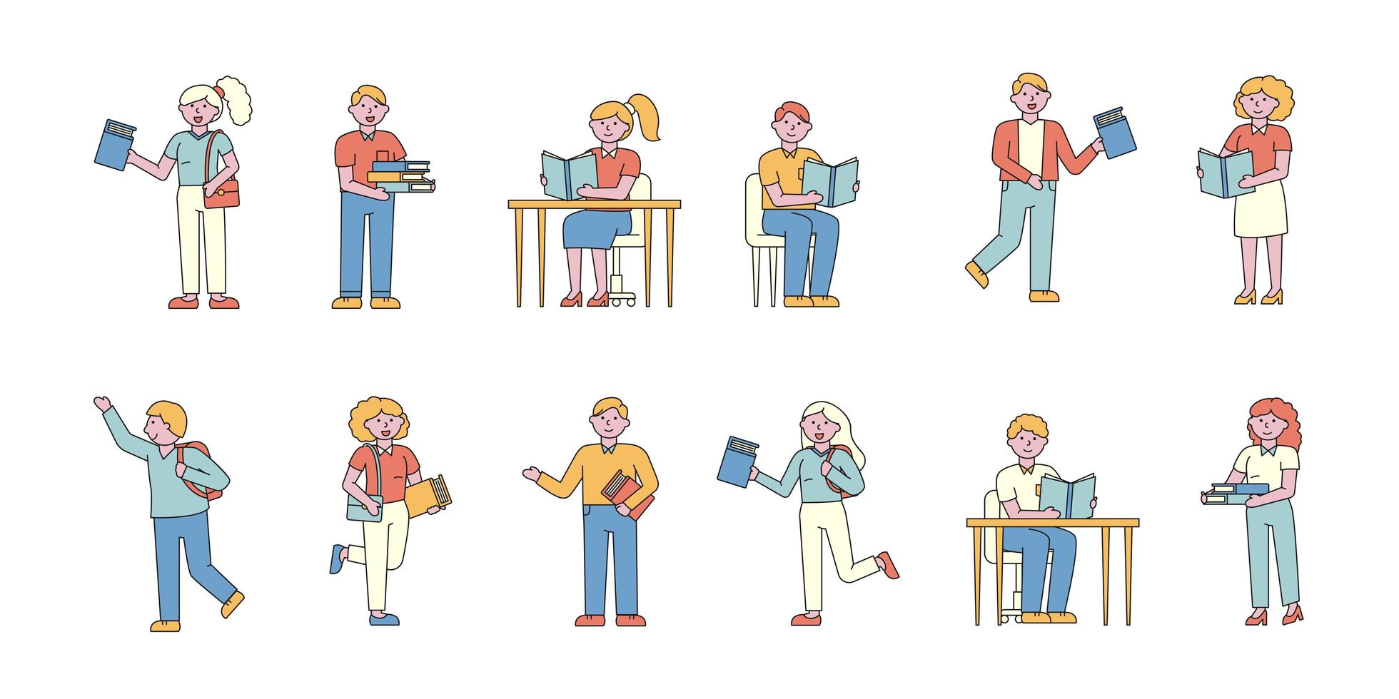 People studying and reading flat-design set vector