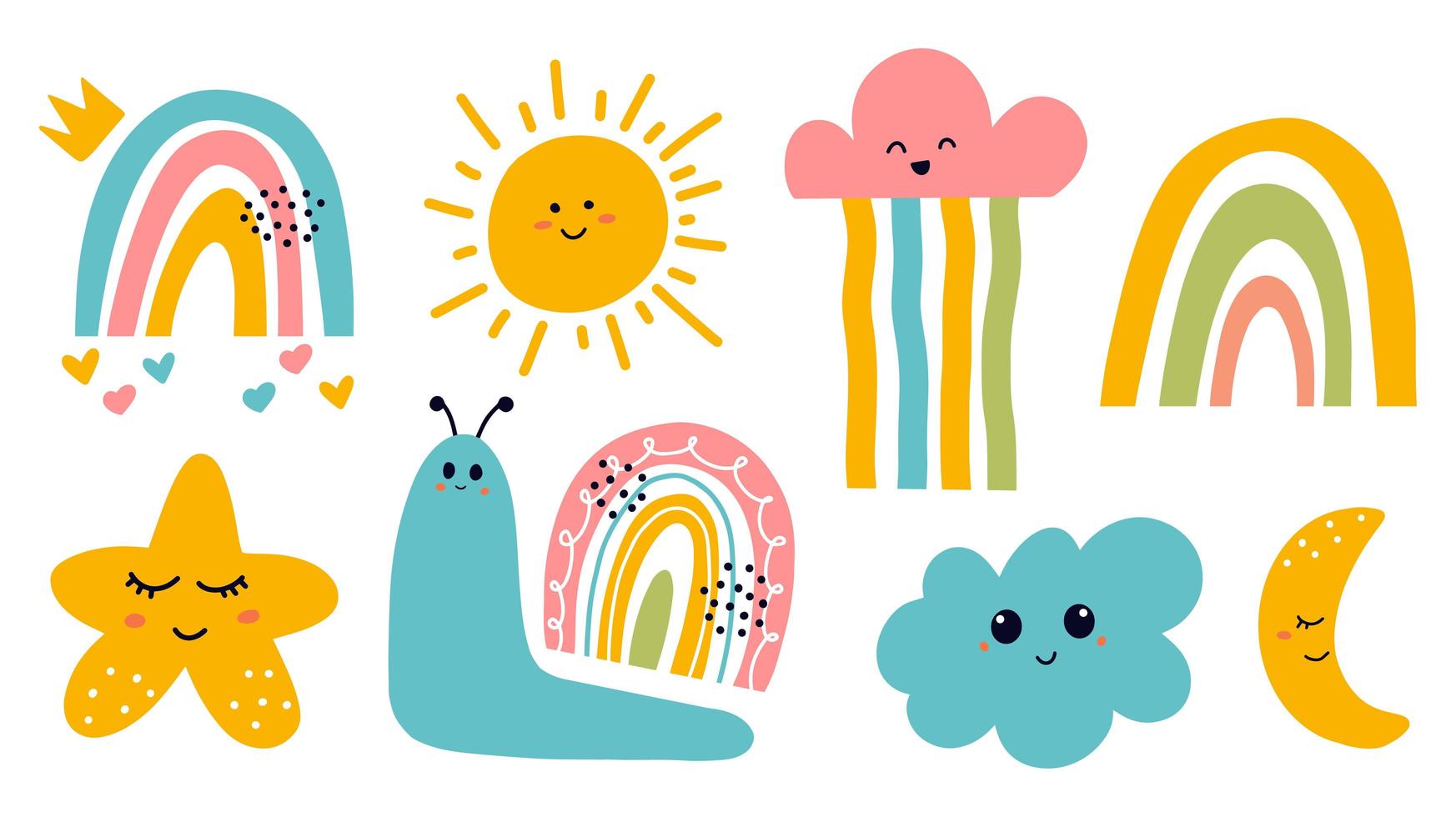 Scandinavian Print with Cute Smiling Moon, Cloud, Star, Rainbow vector