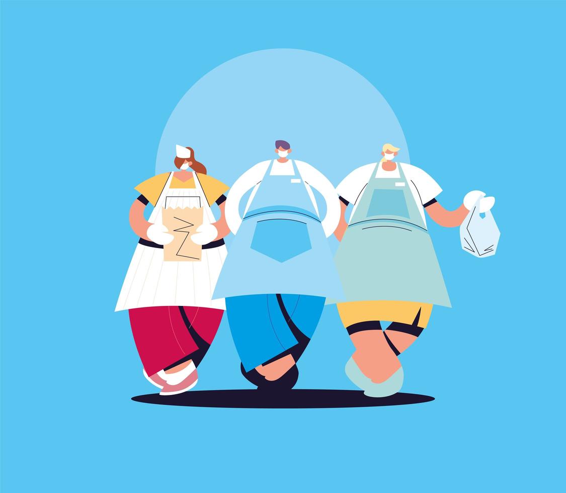 Group of waiters with face mask and uniform vector