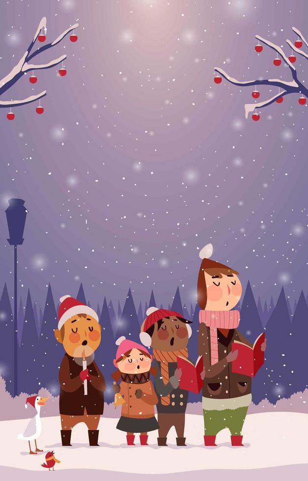 Kids Singing Christmas Carol on Snowy Day vector