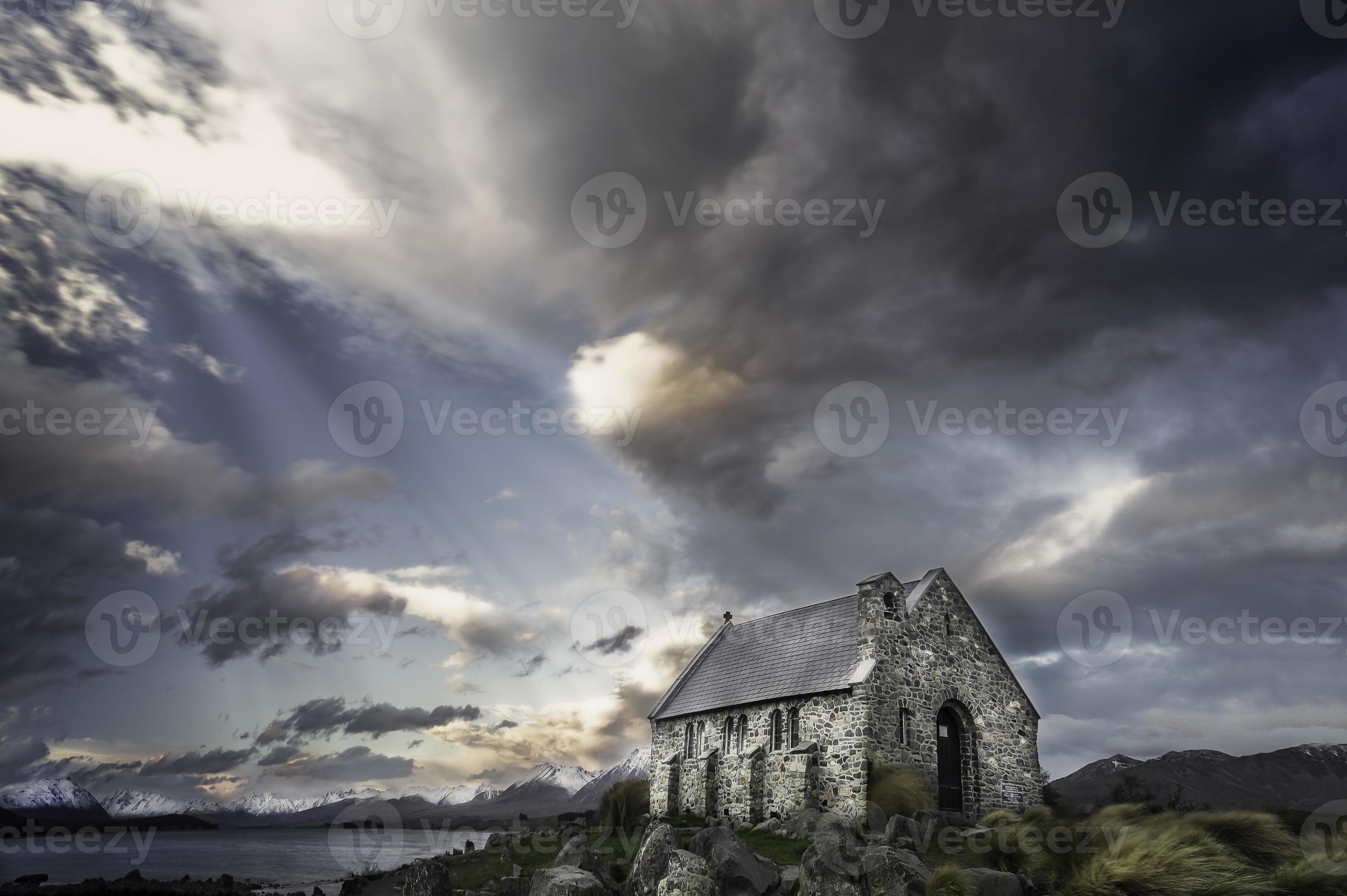 Panoramic Of Church Of The Good Shepard Lake Tekapo Stock Photo Panoramic Of Church Of The Good Shepard Lake Tekapo Stock Photo