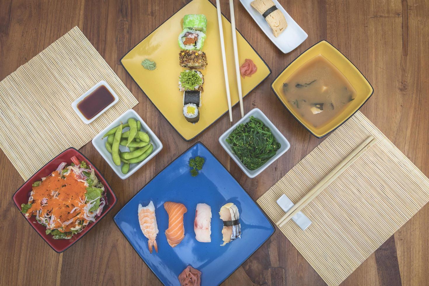 Flat lay view of Japanese food dishes photo