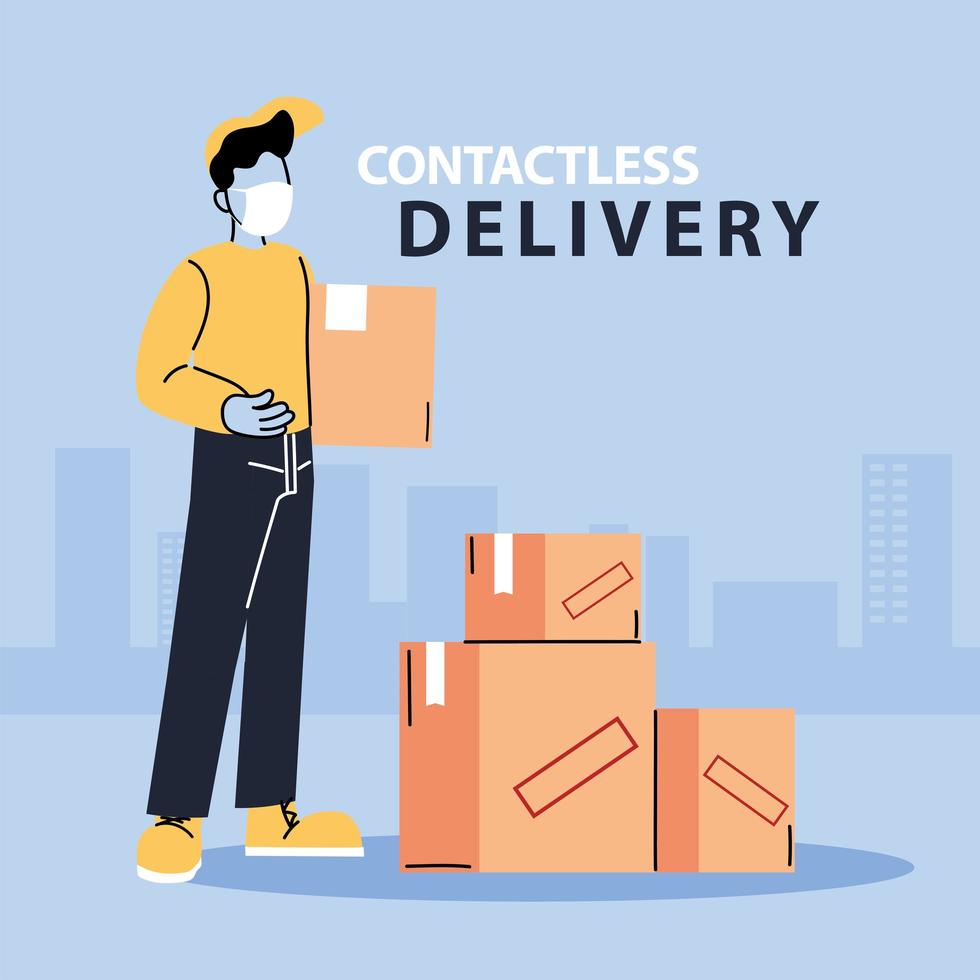 Male courier in a mask delivers boxes vector