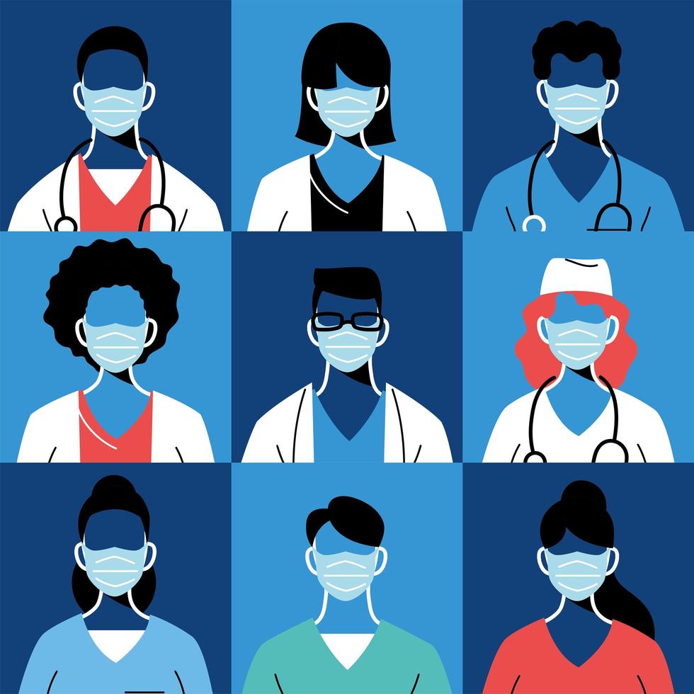 médicos masculinos y femeninos con máscaras y uniformes vector