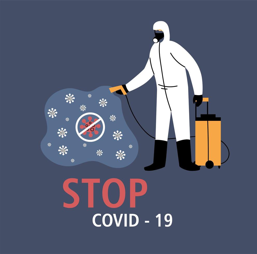 Man in protective suit, disinfection by coronavirus vector