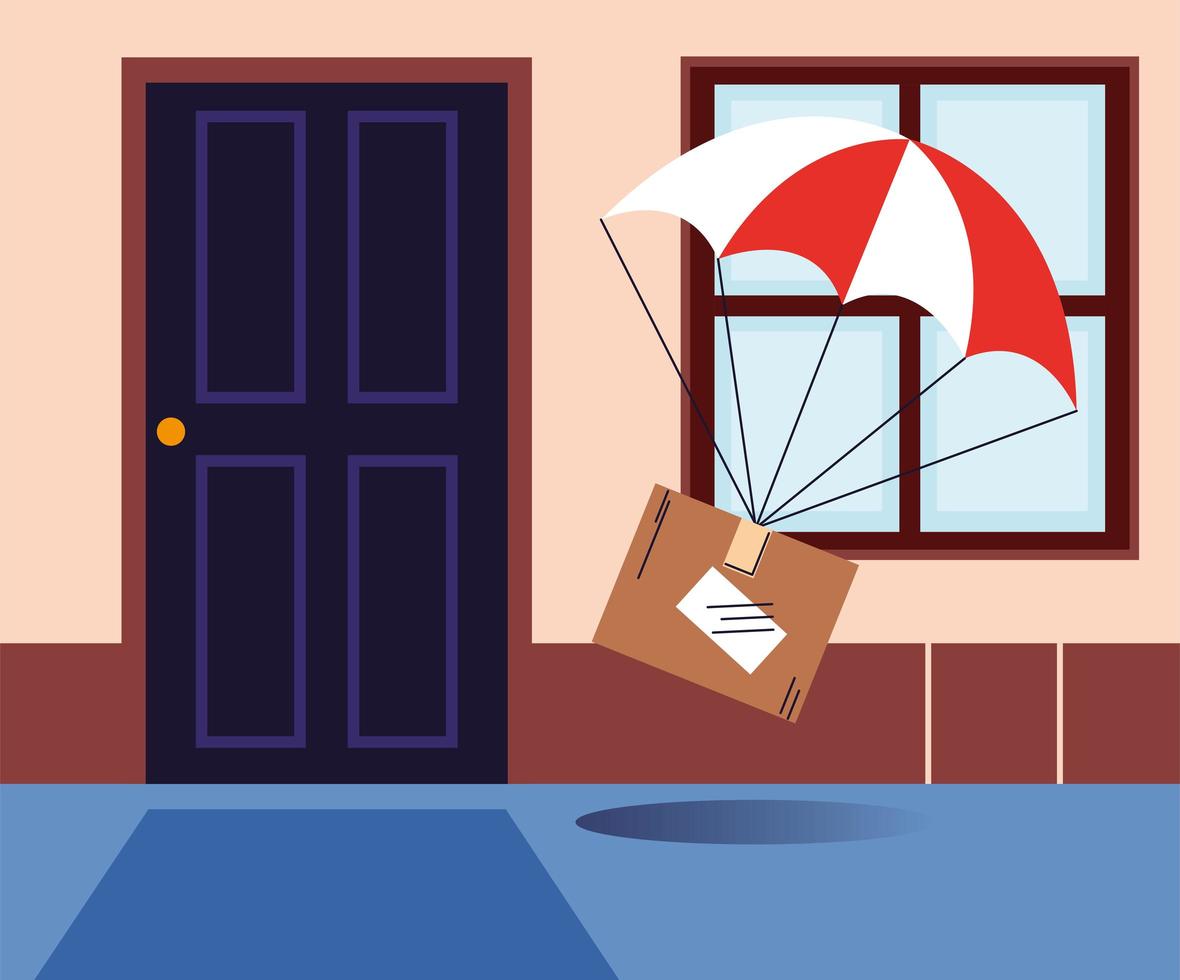 Box with parachute delivery at the door house vector