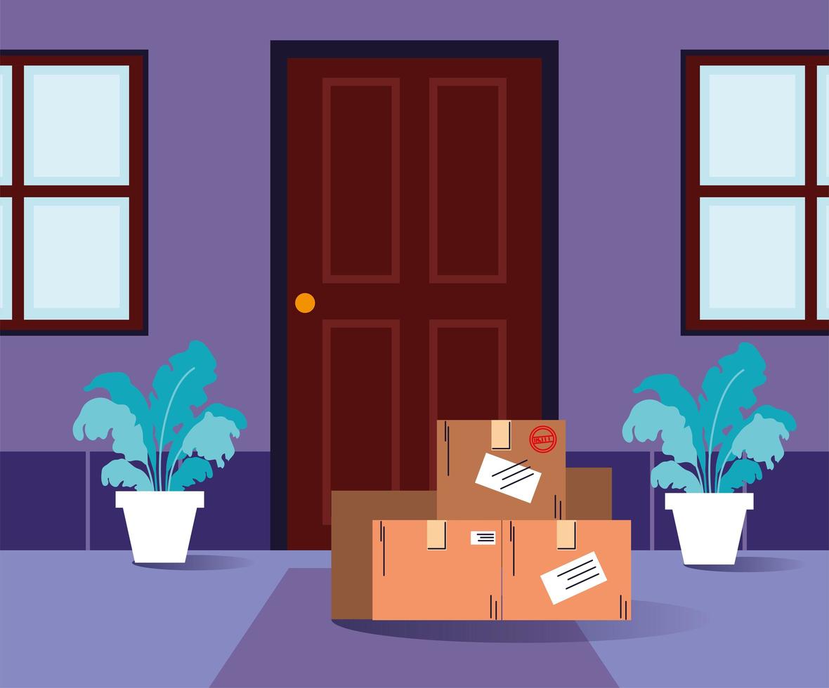 Boxes of purchases stand at the door vector