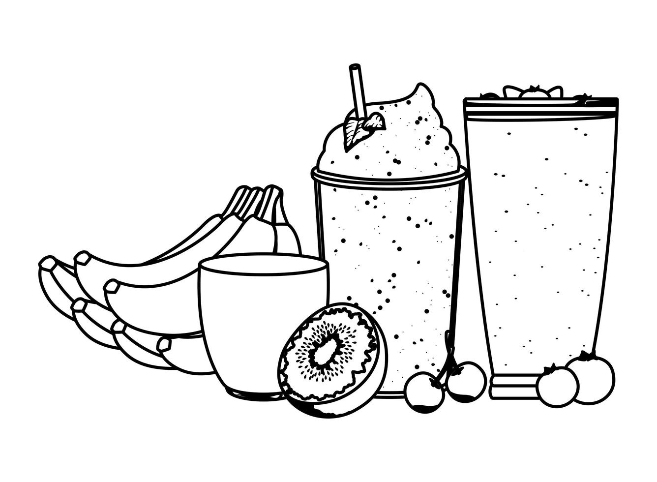 Tropical fruit and smoothie drink line-art vector