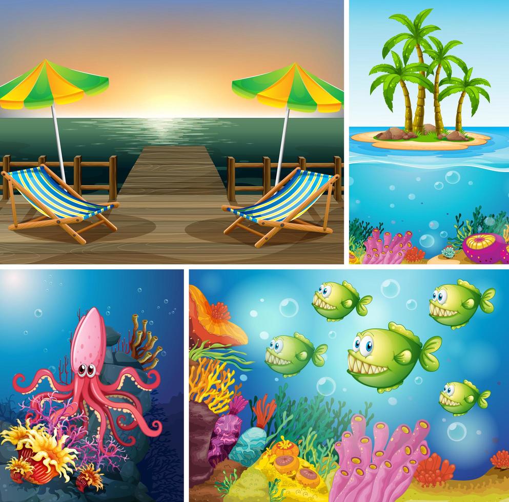 Set of beach and ocean scene vector