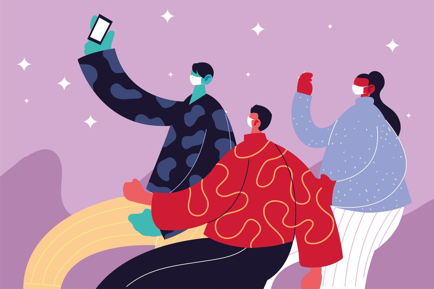 Group of people celebrating using face mask vector