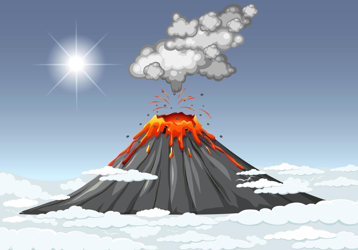 erupción volcánica en el cielo con nubes vector