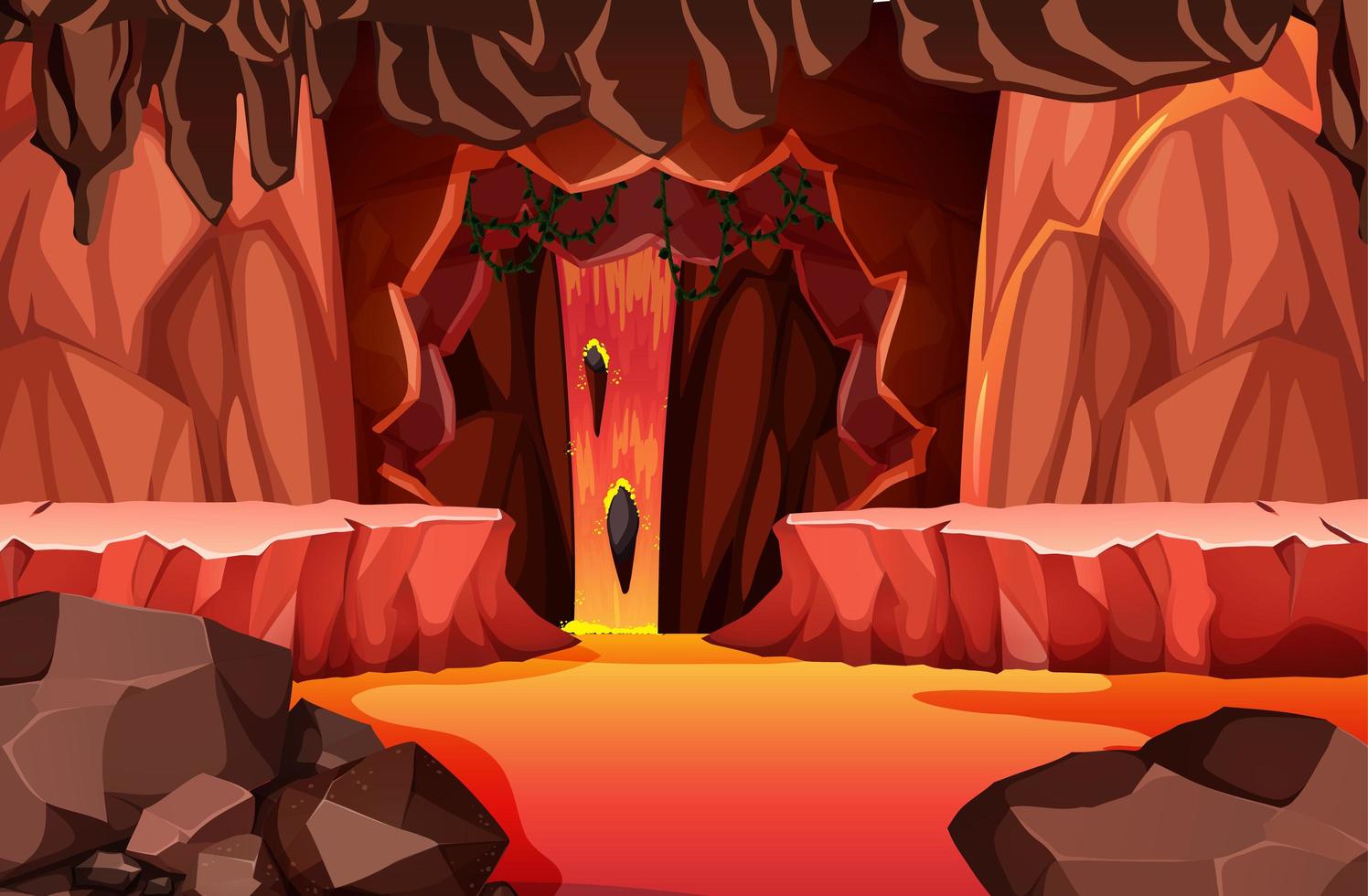 cueva oscura infernal con escena de lava vector