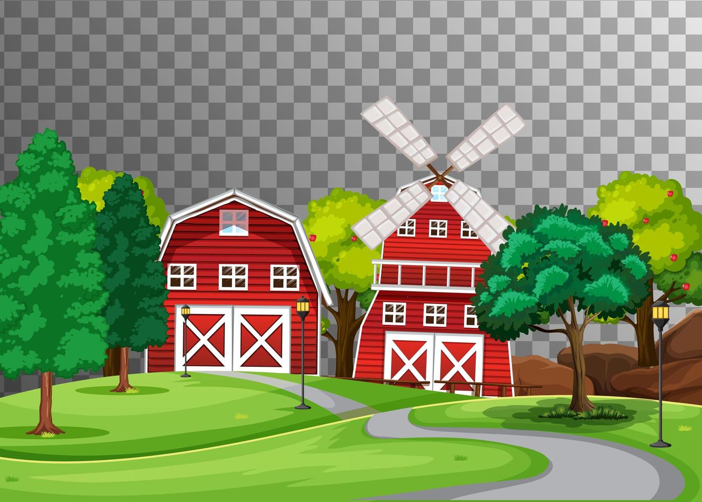 granja con granero rojo y molino de viento. vector