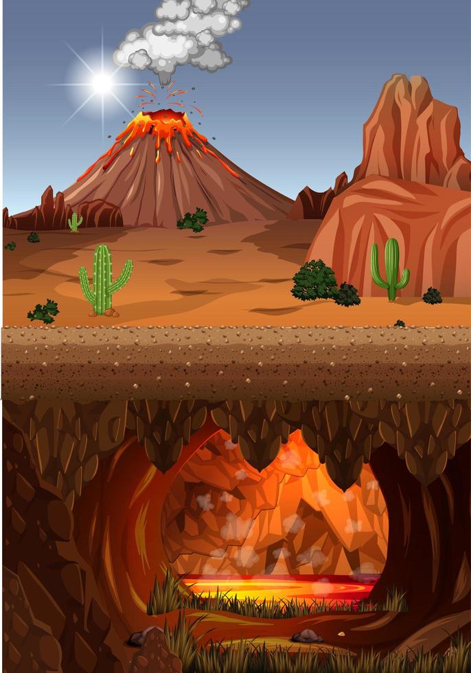 Volcano eruption in nature forest scene vector