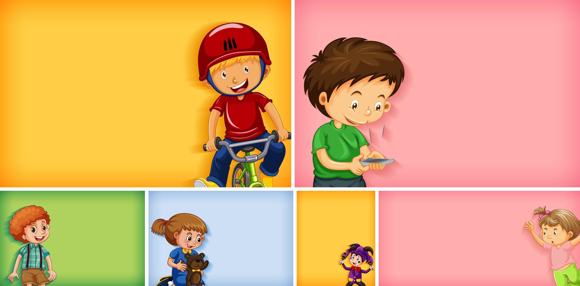 Set of different kid characters on different colors vector