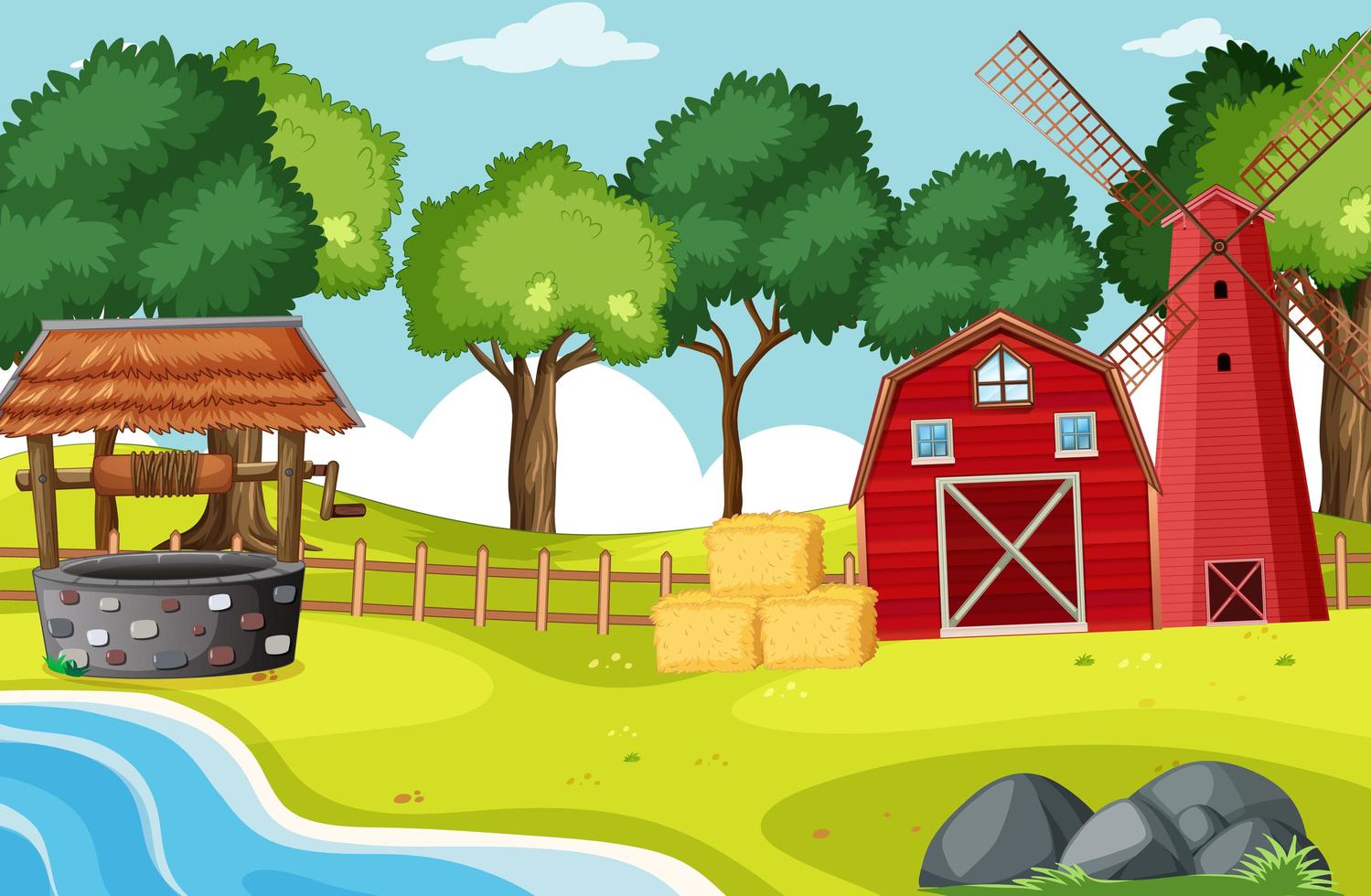 Barn and windmill in farm scene vector