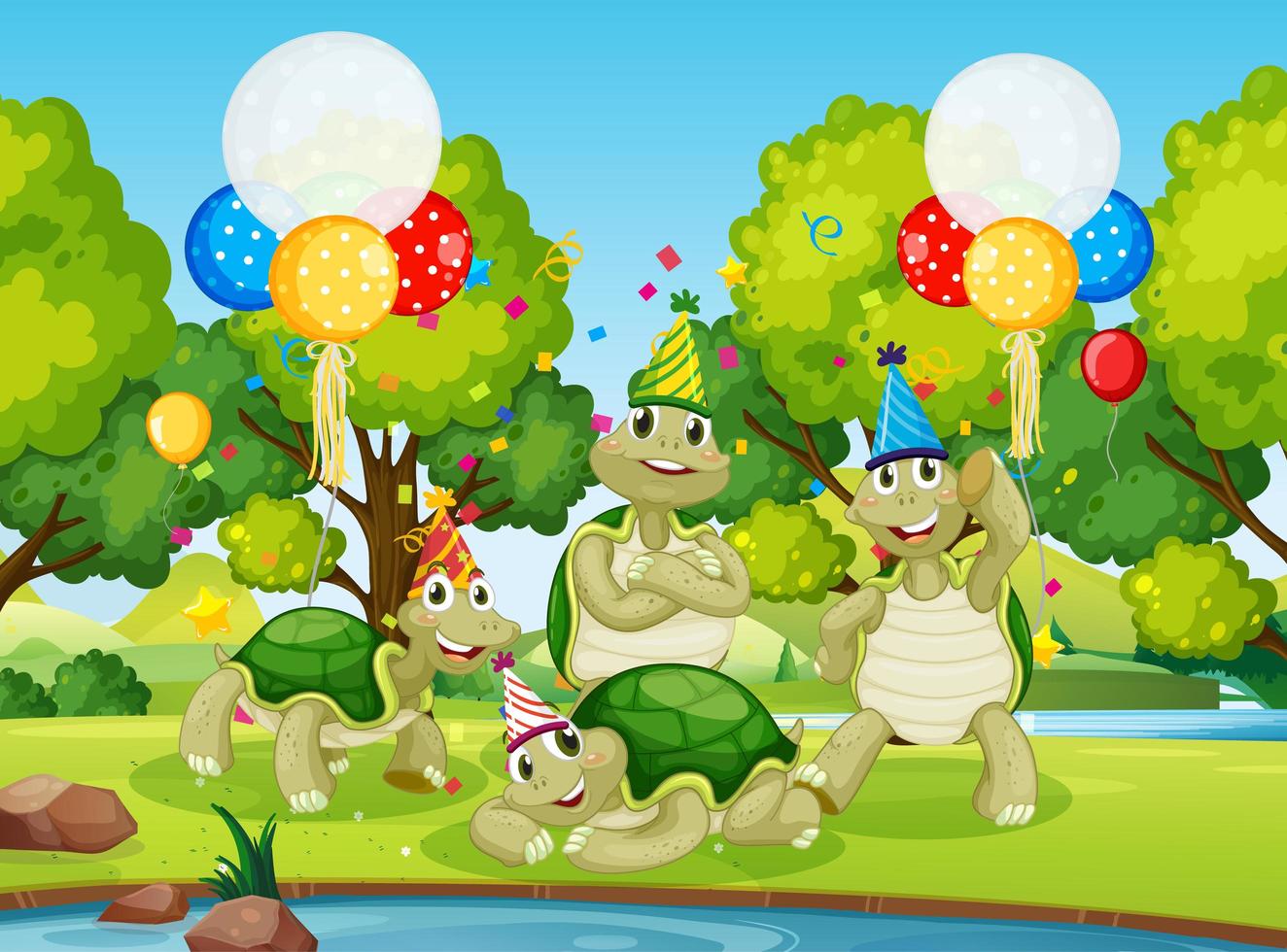 Turtle group in party theme vector