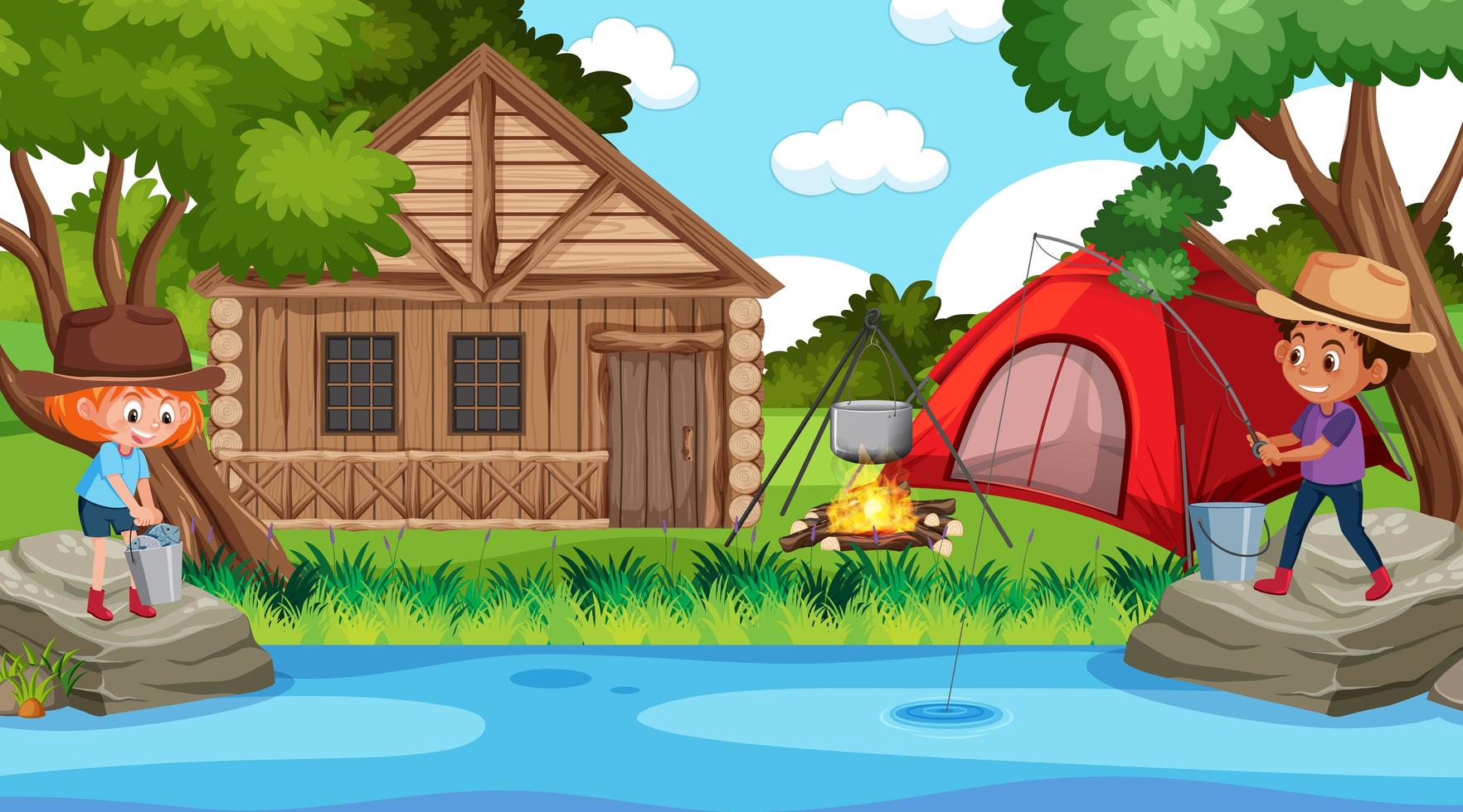 Picnic scene with happy family in the forest vector