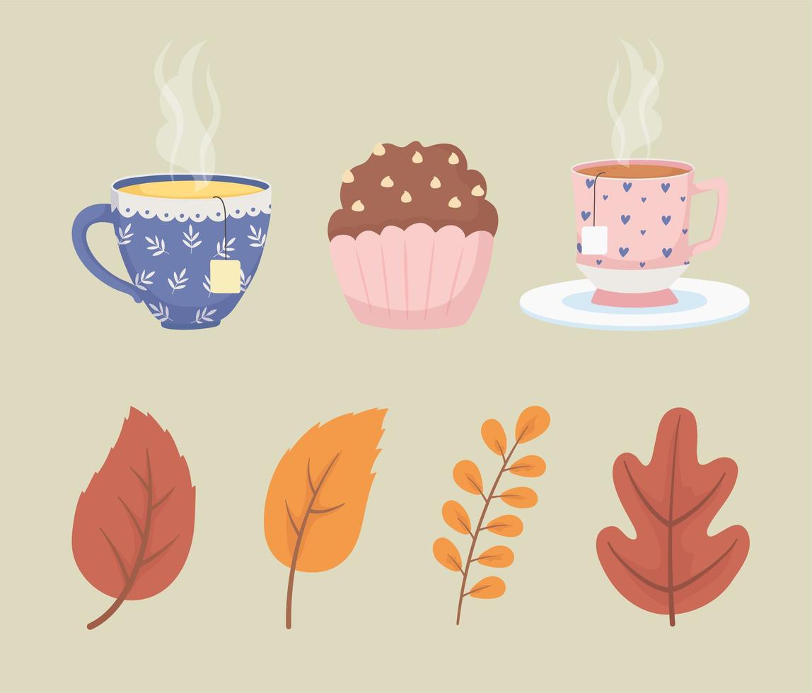 tazas de té, muffins y hojas de otoño vector