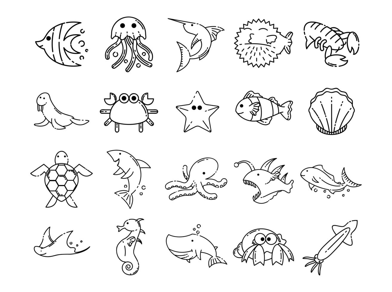 establecer iconos para estilo de línea de animales marinos vector