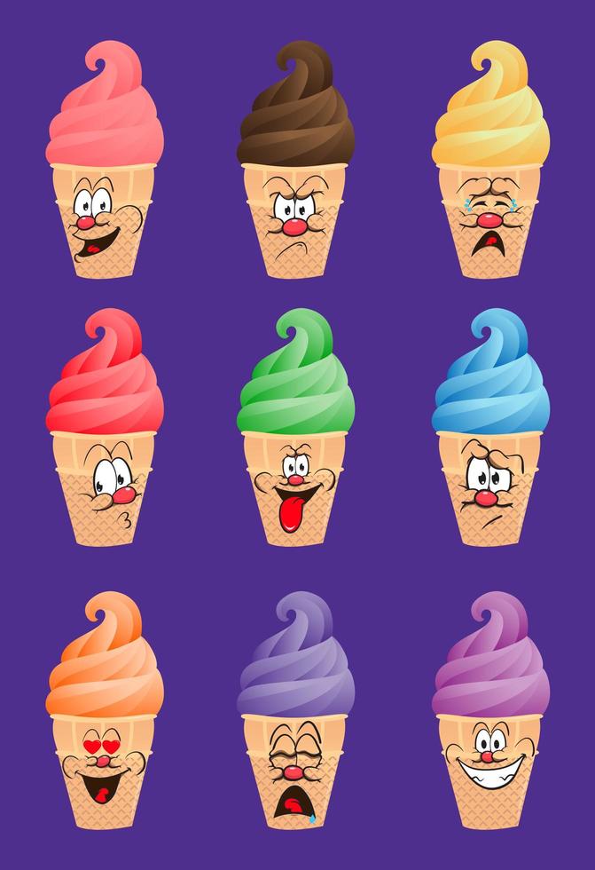 Set ice cream cartoon characters vector