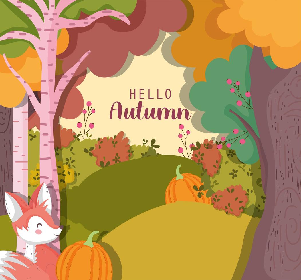 hola cartel de otoño con bosque y animales vector