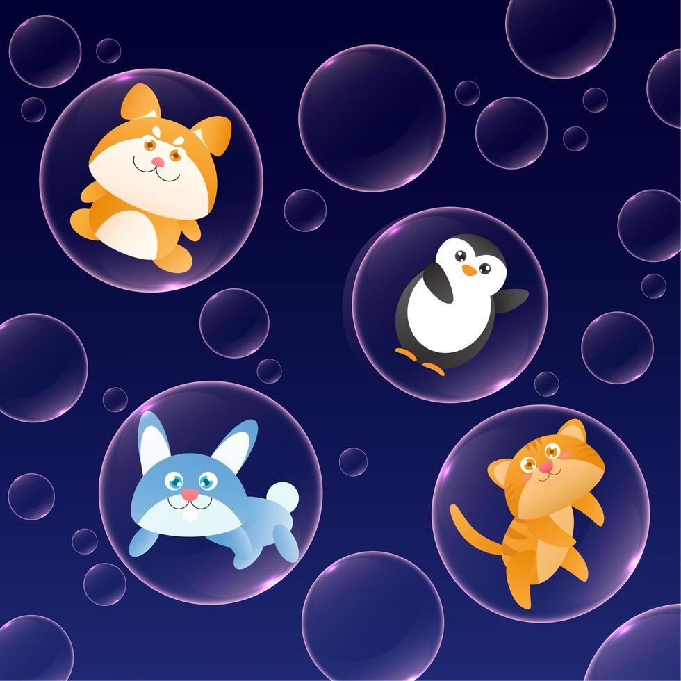 Set animal cartoon character with bubbles vector