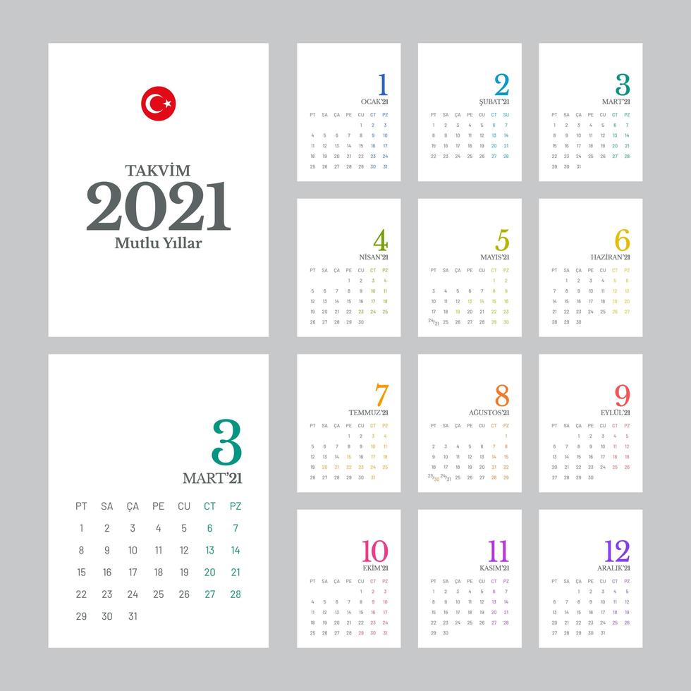 Turkish 2021 calendar template vector