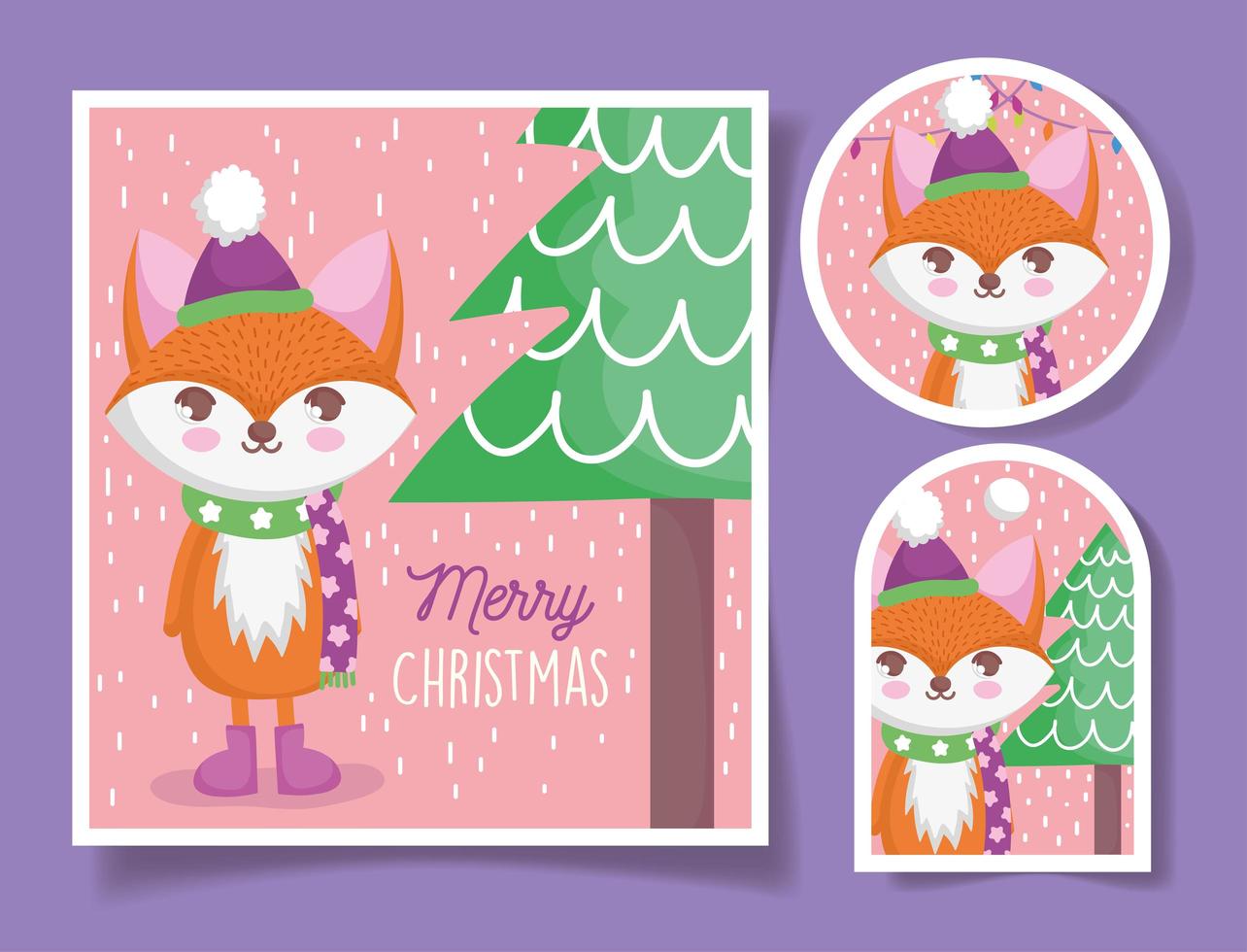 Christmas set with cute fox character vector