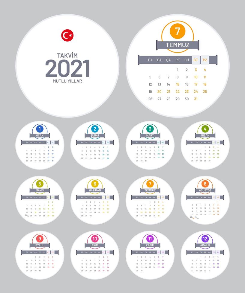 Turkish Round 2021 Calendar vector