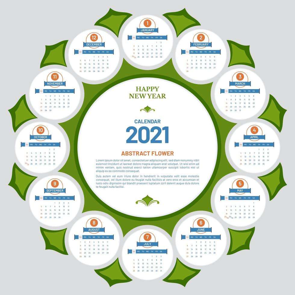 Flower Shaped 2021 Calendar Template vector