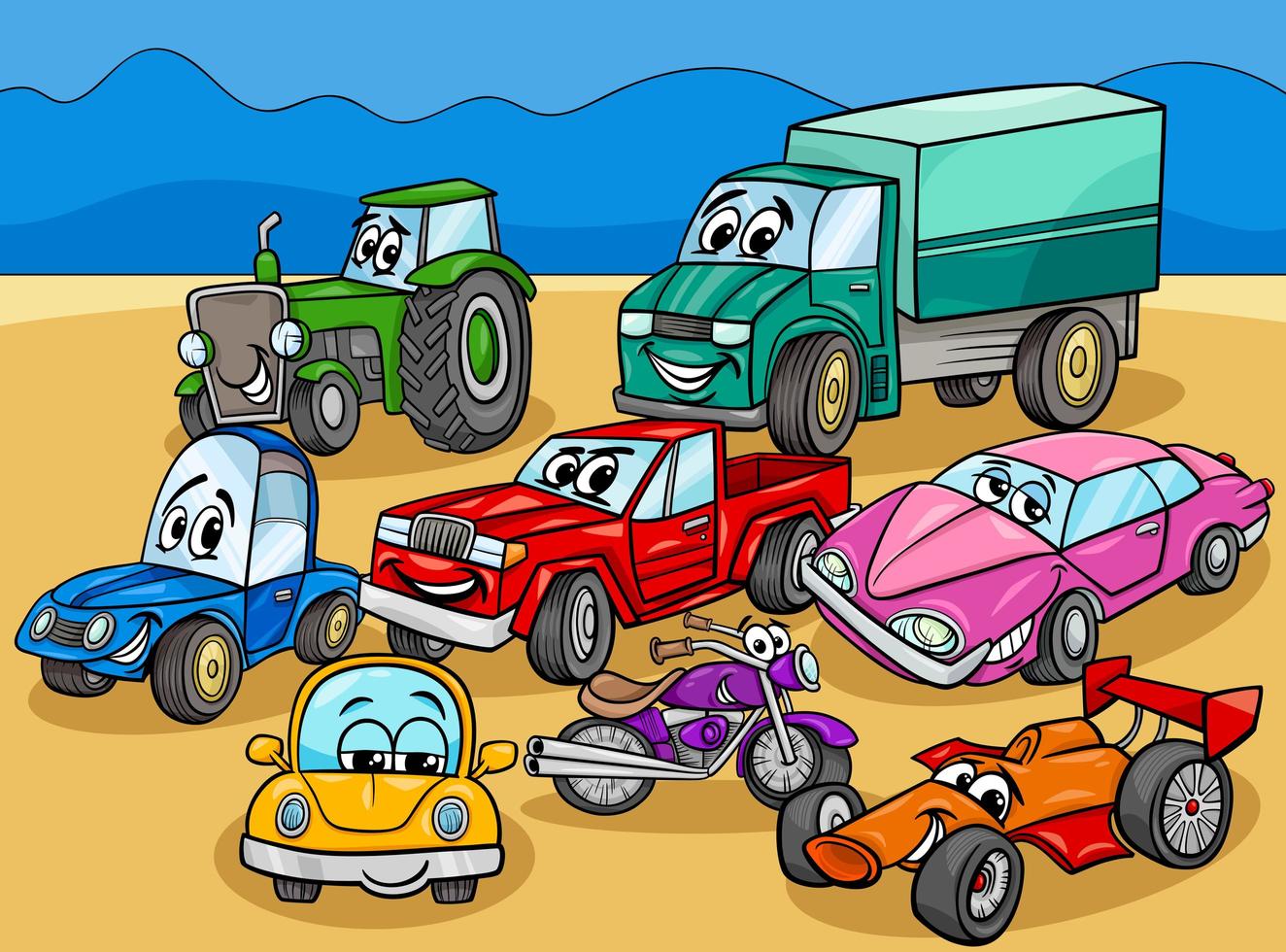 grupo de personajes de dibujos animados de automóviles y vehículos vector