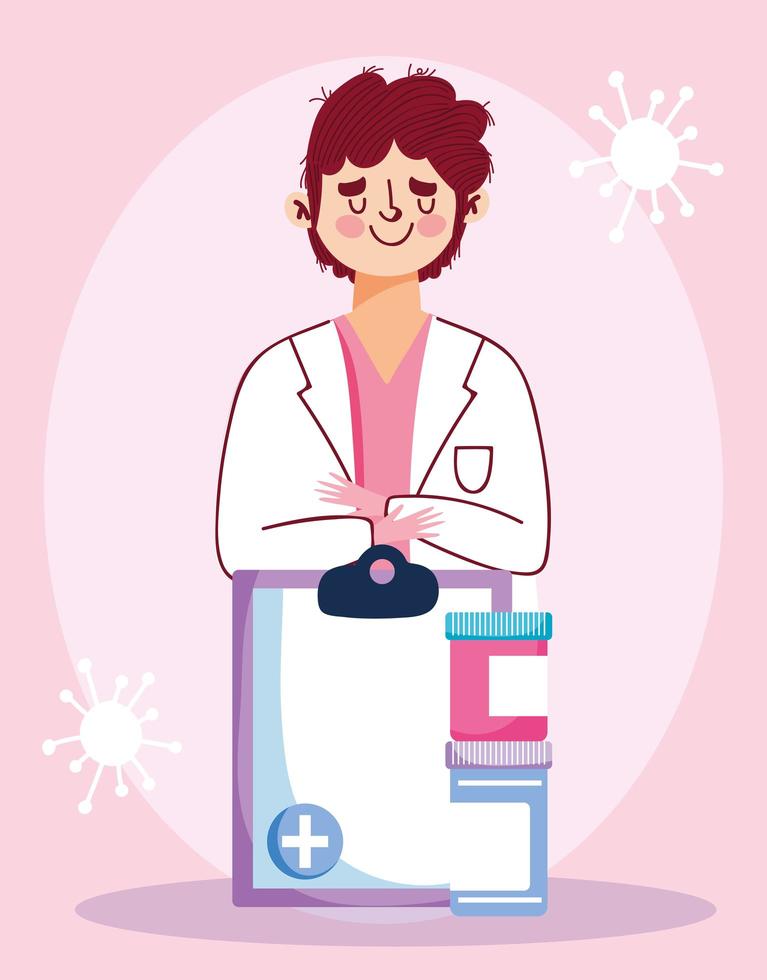 Physician with clipboard and medicine vector