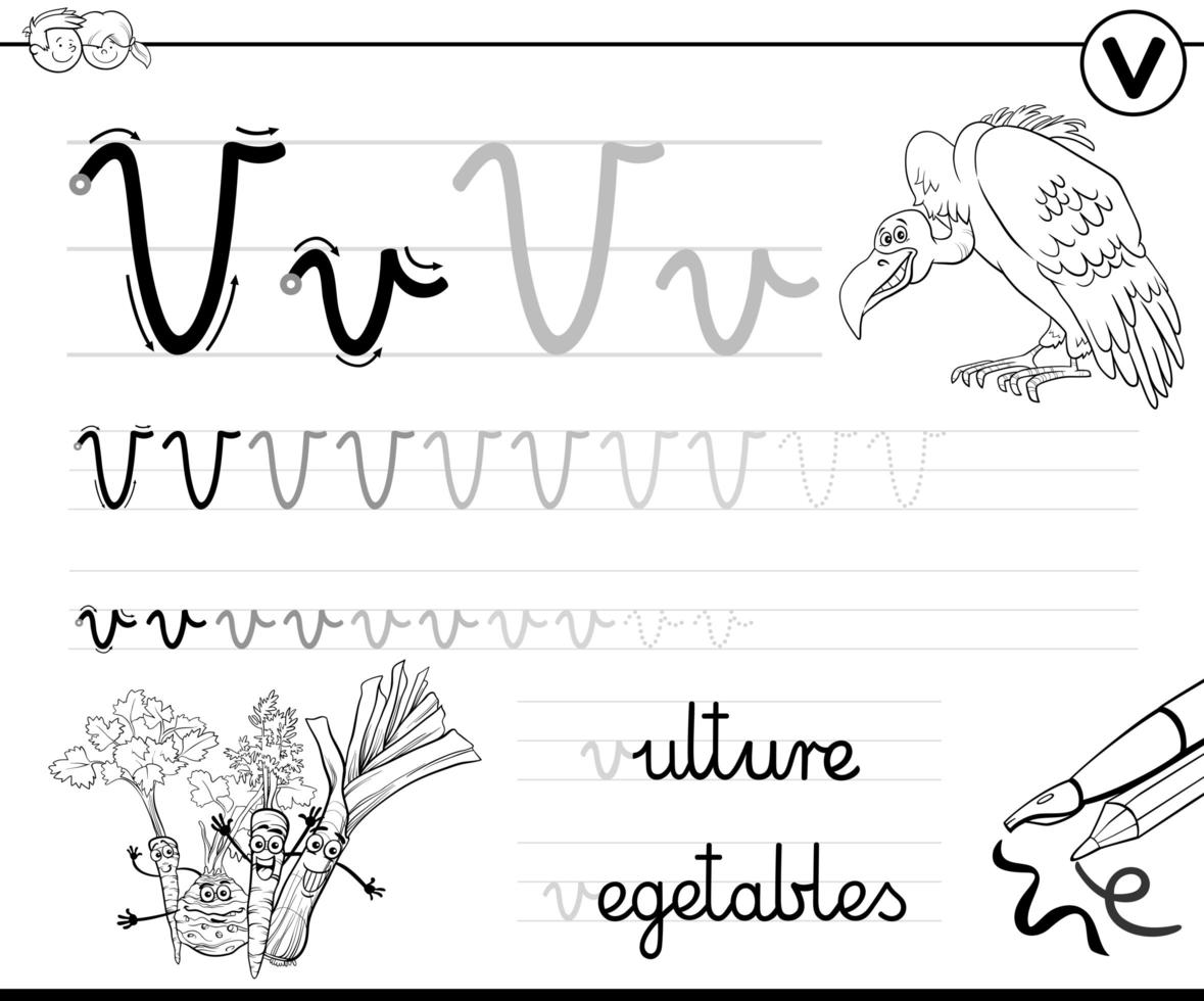 Learn to write letter V workbook for children vector