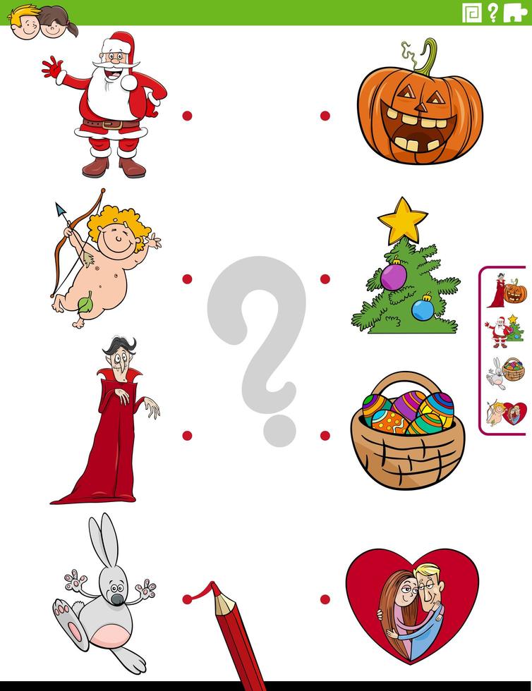 Match holidays characters and symbols educational task vector