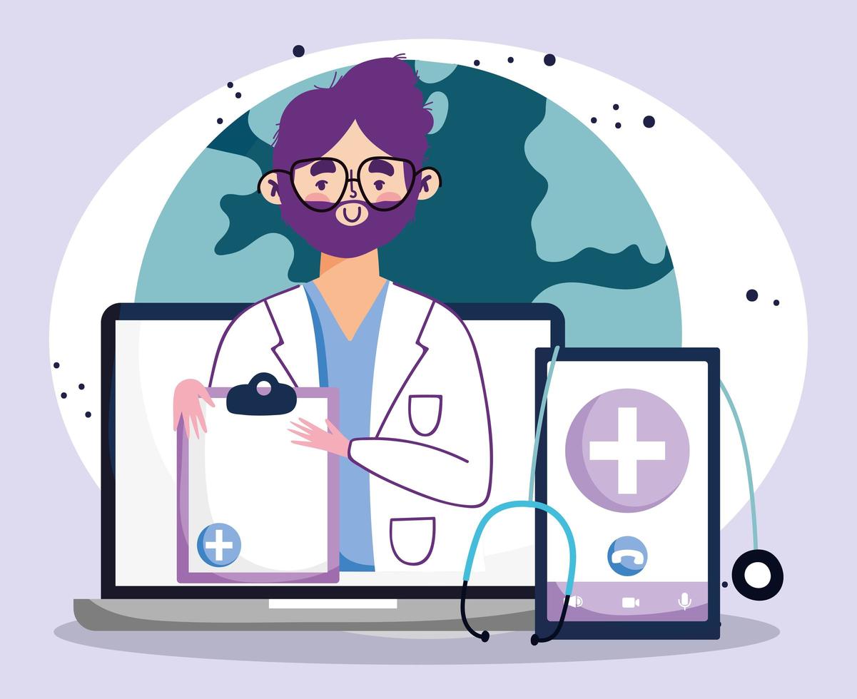 Online doctor visit concept with physician and gadgets vector