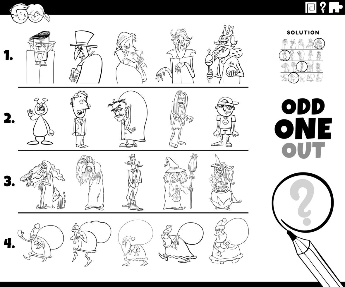 Odd one out holiday characters coloring book page vector