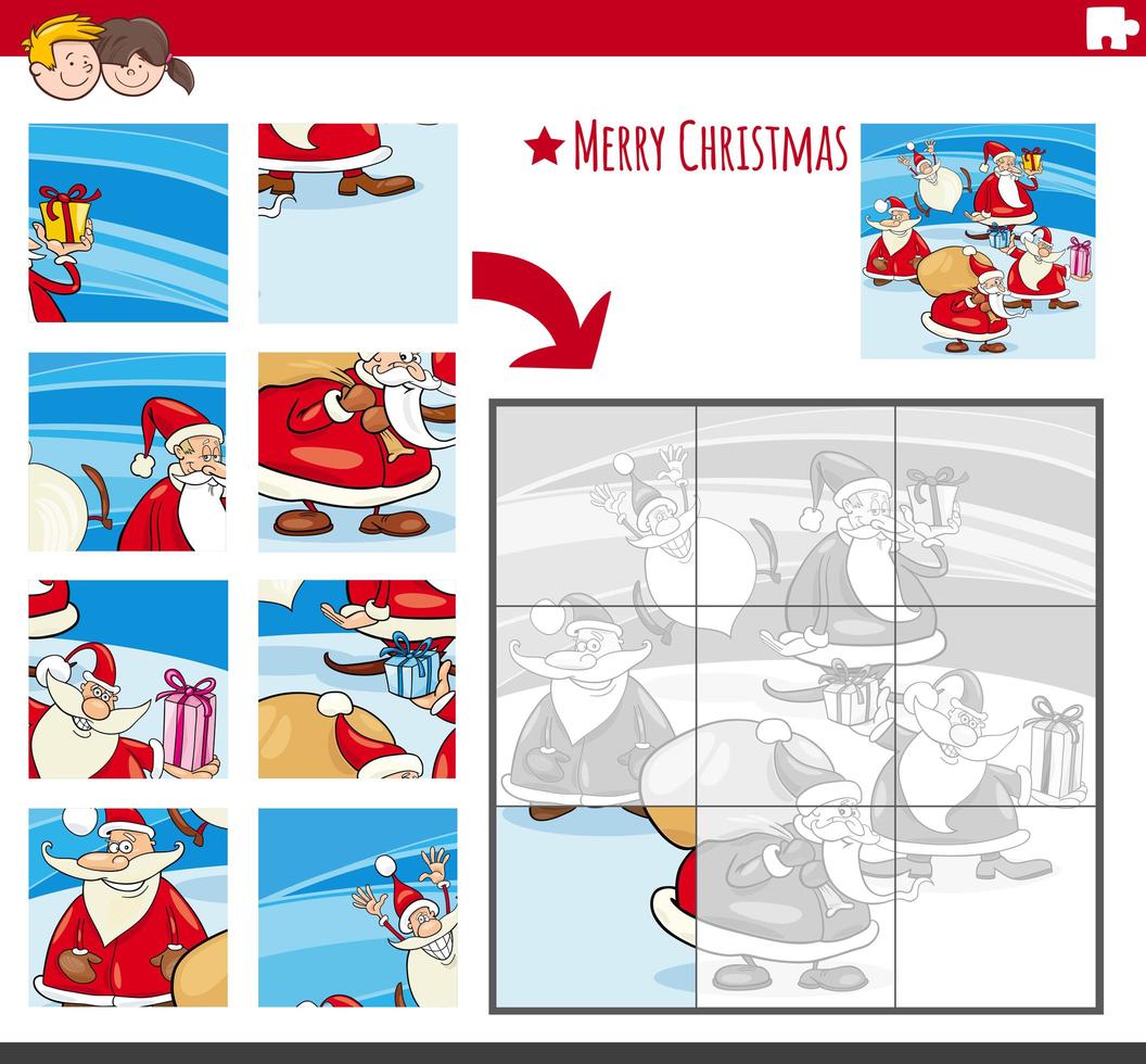 Jigsaw puzzle game with comic Christmas characters vector