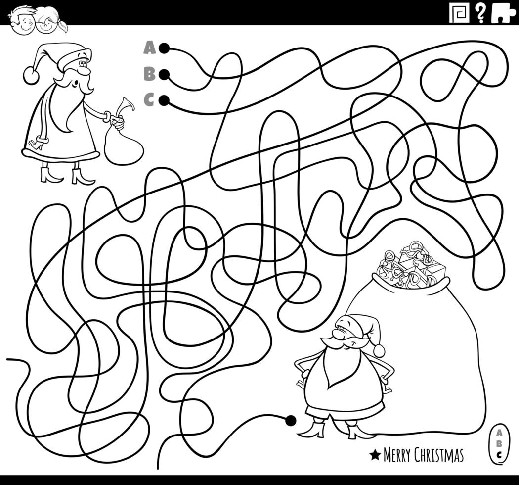 Line maze with Santa characters coloring book page vector