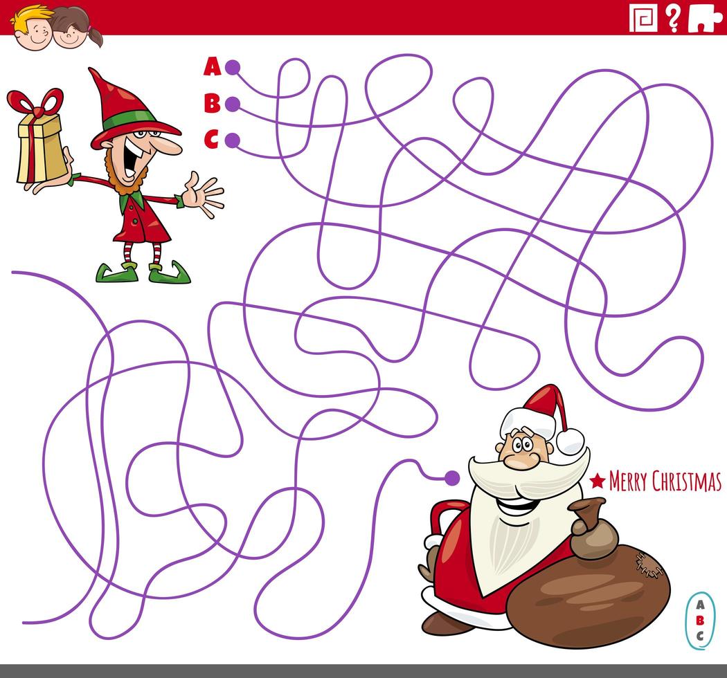 Educational maze game with cartoon Christmas characters vector