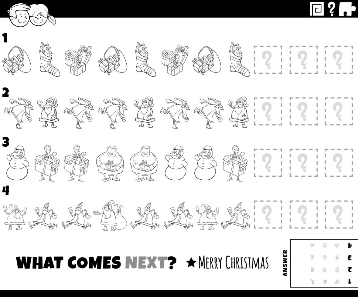 Pattern game with Christmas characters coloring book page vector