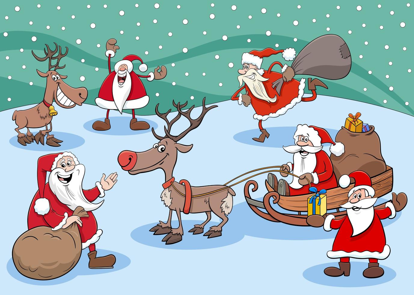 Happy Santa Claus characters group on Christmas time vector