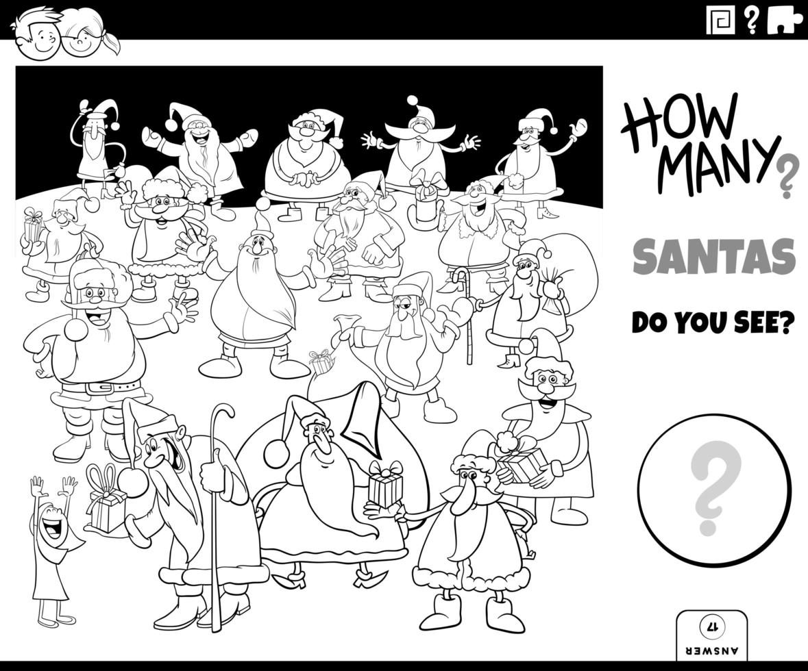 Counting Santa Clauses educational task coloring book page vector