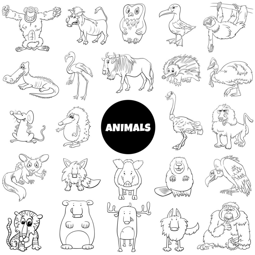 conjunto de personajes de animales salvajes de dibujos animados en blanco y negro vector