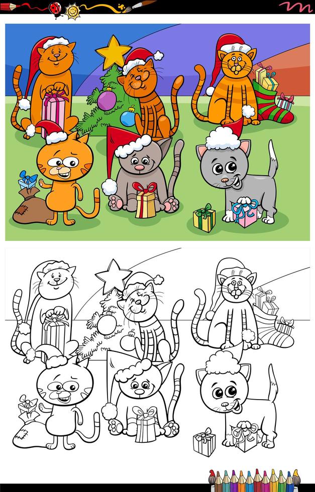 Grupo de gatitos en Navidad para colorear página del libro vector