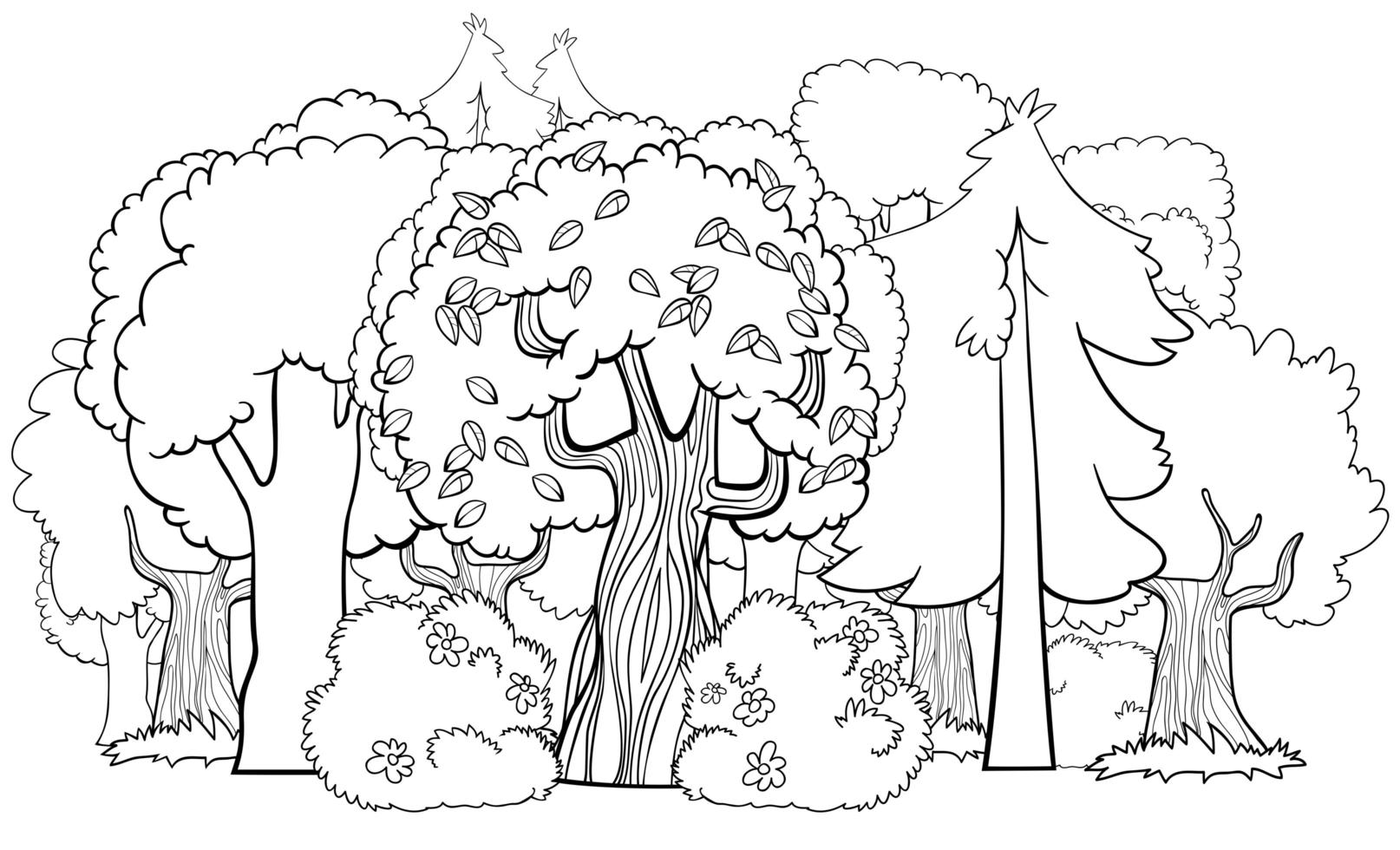 bosque mixto, caricatura, libro colorear, página vector