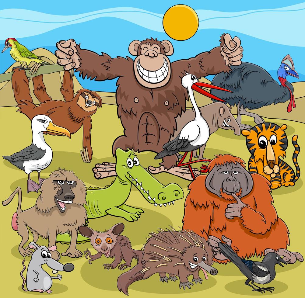 Cartoon wild animal comic characters group vector