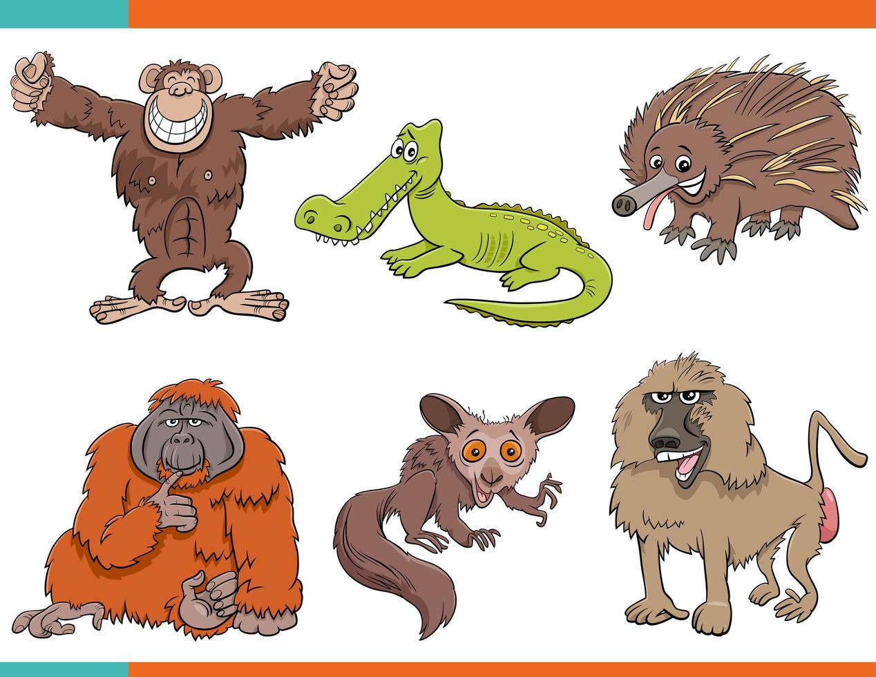 Set of cartoon funny wild animals characters vector