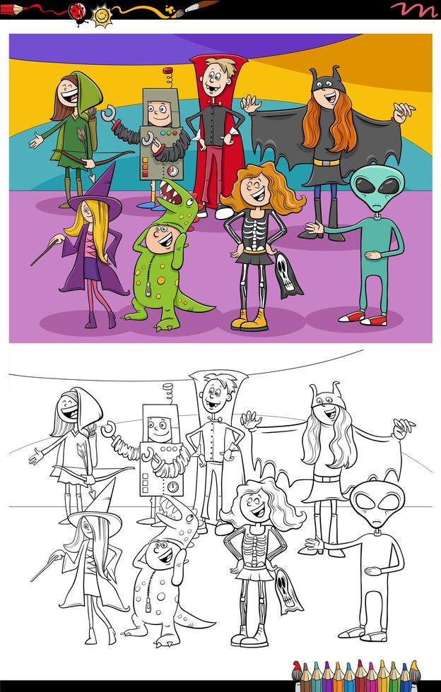 Cartoon Halloween characters group coloring book page vector